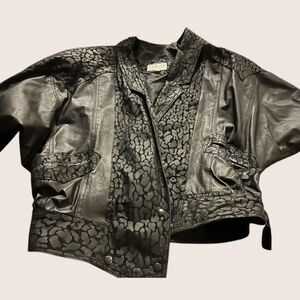 🖤 VTG 1980s WINLOCK GENUINE LEATHER JACKET COAT LEOPARD ANIMAL CONTRAST MEDIUM